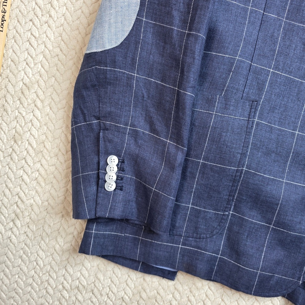 Cremieux Mens XXL Blue Windowpane 100% Linen Blazer Elbow Patches Sport Coat - Picture 5 of 13